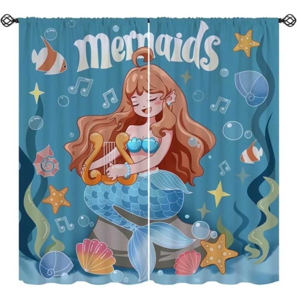 Mermaid Cartoon Ocean Princess Starfish Fish Shell themed curtain panels 45x45